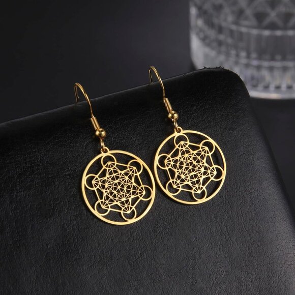 Gold Stainless Steel Metatron’s Cube Earrings with Sacred Geometry Design for Wo - Picture 3 of 8